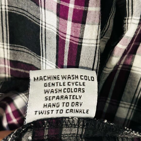 Tulip plaid cotton asymmetrical flounce back black purple white button up tunic - Picture 9 of 11